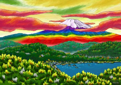 Tęczowa góra Fuji za miastem, 2023 (malarstwo cyfrowe) autorstwa Kunio Ota