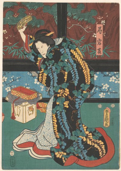 Scena ze spektaklu The Mirror Mountain Pani w czekającym Iwafuji z sandałami w dłoni autorstwa Kunisada (I) , Utagawa