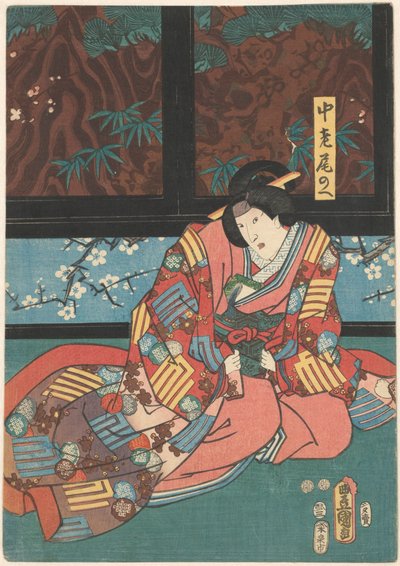 Scena ze spektaklu The Mirror Mountain Dama dworska Onoe siedząca przed przegrodą pokoju autorstwa Kunisada (I) , Utagawa