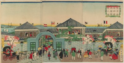 Obraz prosperity zakładów handlowych wzdłuż Nakadouri na Jokohamie, epoka Meiji, 1870 (odbitka drzeworytnicza) autorstwa Kuniteru II Utagawa