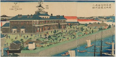 Nadmorski ogród hotelu Tsukiji we wschodniej stolicy, epoka Meiji, 1868 (kolorowy drzeworyt) autorstwa Kuniteru II Utagawa