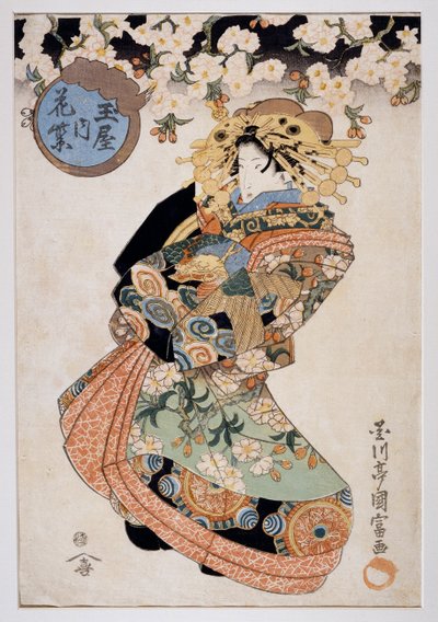 Kurtyzana Hanamurasaki z herbaciarni Tamaya, ok. 1830, grafika Ukiyo-e autorstwa Utagawy Kunitomi (aktywna 1810-1830), drzeworyt Oban-tate-e, 38,2x26,5 cm, cywilizacja japońska autorstwa Kunitomi Utagawa
