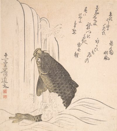 Karp próbujący podpłynąć do wodospadu, prawdopodobnie 1820. autorstwa Kurokawa Michita