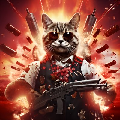 Plakat filmowy przedstawiający kota ubranego w czarno-białą koszulę w kropki i błyszczące okulary przeciwsłoneczne z eksplozjami i armatami w tle 1 autorstwa Kurt Heppke