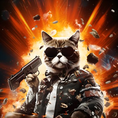 Plakat filmowy przedstawiający kota ubranego w czarno-białą koszulę w kropki i błyszczące okulary przeciwsłoneczne, w tle eksplozje i armaty 3 autorstwa Kurt Heppke