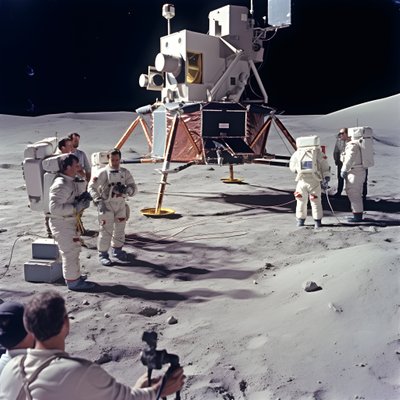 Grupa osób z kamerą telewizyjną pokazującą fałszywkę projektu Apollo 11 2 autorstwa Kurt Heppke