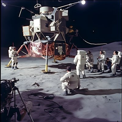 Grupa osób z kamerą telewizyjną pokazującą fałszywy projekt Apollo 11 4 autorstwa Kurt Heppke