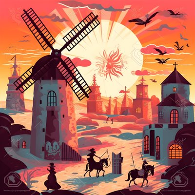 Tausta Don Quijote äärioikealla aasillaan, joka on niin pieni kuin varjo, tuulimyllyjen edessä, sopiva tausta 2polish autorstwa Kurt Heppke