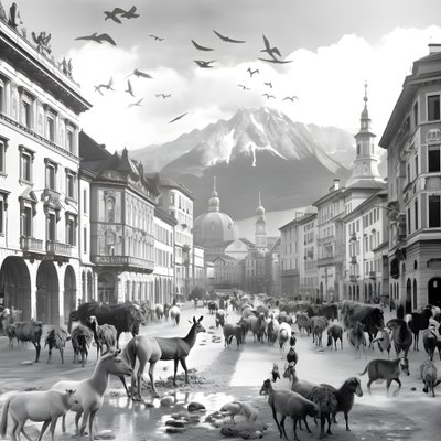 Innsbruck na starej fotografii z eleganckimi zebrami, mewami, małpami i glinianymi figurkami. 2 autorstwa Kurt Heppke
