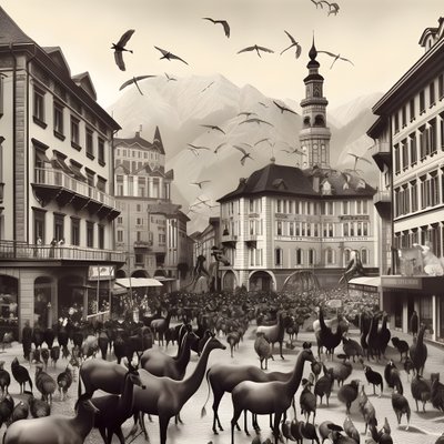 Innsbruck na starej fotografii z eleganckimi zebrami, mewami, małpami i glinianymi figurkami. 4 autorstwa Kurt Heppke