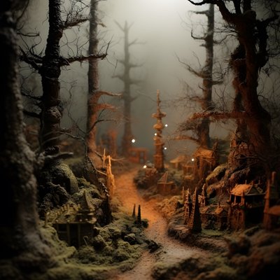 Miniaturowy Halloweenowy las typu tilt-shift z zamglonymi drzewami i upiorną atmosferą 4 autorstwa Kurt Heppke