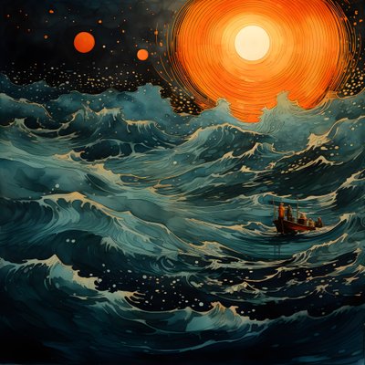 Dwie łodzie płynęły cicho po atramentowej wodzie w kierunku wirującej Charybdy, księżyca w pełni, jedynego światła w pustym świecie Morza Północnego. 3 autorstwa Kurt Heppke