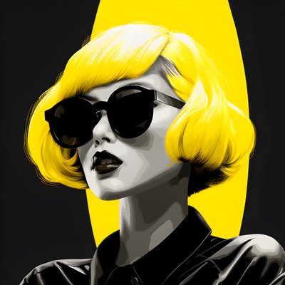 ilustracja przedstawiająca dziewczynę w żółtych okularach przeciwsłonecznych, z włosami na twarzy i uszami, w stylu estetyki filmu noir 1 autorstwa Kurt Heppke