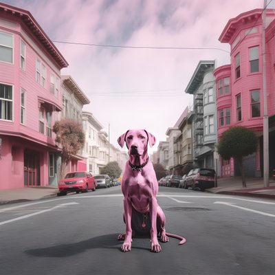 różowy pies w środku miasta San Francisco 1 autorstwa Kurt Heppke