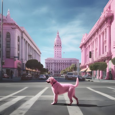 różowy pies w środku miasta San Francisco 3 autorstwa Kurt Heppke