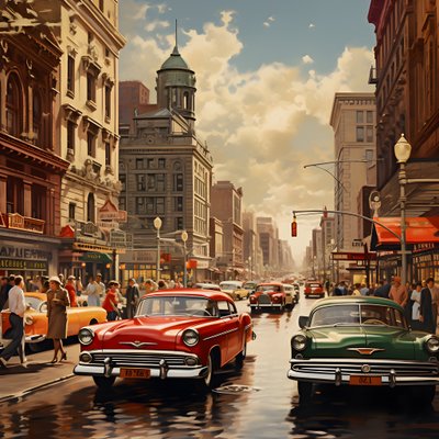 miasto lat 50-tych z czerwonymi samochodami 3 autorstwa Kurt Heppke