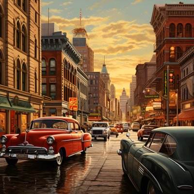 miasto lat 50-tych z czerwonymi samochodami 4 autorstwa Kurt Heppke