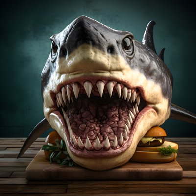 duży cheeseburger z głową rekina z wołowiną na desce 1 autorstwa Kurt Heppke