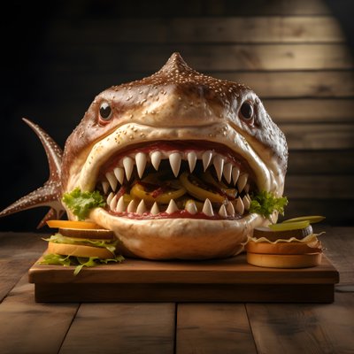 duży cheeseburger z głową rekina z wołowiną na desce 2 autorstwa Kurt Heppke