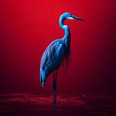 cyfrowe dzieło sztuki synthwave przedstawiające egzotyczną czaplę kobaltową na czerwonym papierze 1 autorstwa Kurt Heppke