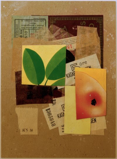 Bez tytułu (z kawałkiem jabłka i zielonymi liśćmi) autorstwa Kurt Schwitters