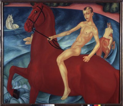 Kąpiel czerwonego konia. Obraz Kuzmy Sergeevich Petrov Vodkin (Petrov-Vodkin) (Kouzma Petrov Vodkin) (Petrov-Vodkin) (1878-1939), olej na płótnie autorstwa Kuzma Sergeevich Petrov Vodkin