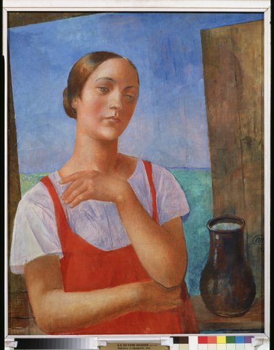 Młoda kobieta w letniej sukience. Obraz Kuzmy Sergeevich Petrov Vodkin (Petrov-Vodkin) (Kouzma Petrov Vodkin) (Petrov-Vodkin) (1878-1939), olej na płótnie autorstwa Kuzma Sergeevich Petrov Vodkin