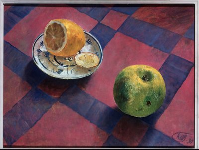 Jabłko i cytryna. (Jabłko i Cytryna). Obraz Kuzmy Sergeevich Petrov Vodkin (Petrov-Vodkin) (Kouzma Petrov Vodkin) (Petrov-Vodkin) (1878-1939), olej na płótnie autorstwa Kuzma Sergeevich Petrov Vodkin