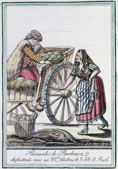 Poissaarde de Bordeaux spiera się z kupcem ostryg z głowy Buch - w „Encyklopedii podróży” J. Grasset St Sauveur, Deron, Paryż autorstwa L.F. Labrousse