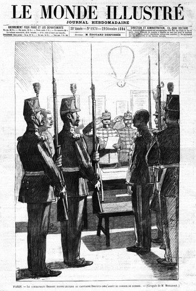 Dowódca odczytał kapitanowi Alfredowi Dreyfusowi aresztowanie Rady Wojennej w Paryżu. Szkic pana de Moulignie. W „Le Monde Illustré” Tygodnik nr 1970 z 29 grudnia 1894 r. autorstwa L. Moulignie