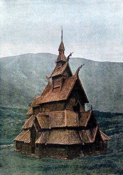 Kościół klepkowy w Borgund, Sogn og Fjordane, Norwegia, ok. 1890 r. autorstwa L Boulanger