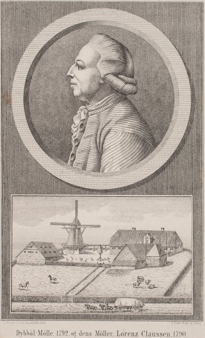 Młyn Dybbøl, 1792, i młynarz Lorenz Claussen, 1790 autorstwa L. Nissen