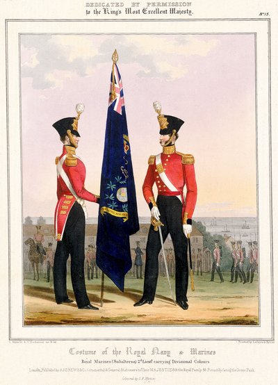Kostiumy Królewskiej Marynarki Wojennej i Piechoty Morskiej. Royal Marines (Subalterns) 2d. Lt., ok. 1832 (kolorowa litografia) autorstwa L. and Eschauzier St. Mansion