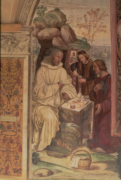 Benedykt na tle pejzażu, z Życia św. Benedykta (detal) autorstwa L. and Sodoma, G. Signorelli