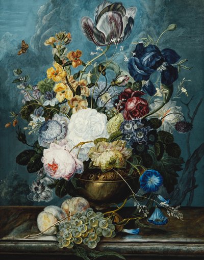 Róże, Tulipan, Irys, Dalie, Lamium, Niezapominajki, Convolvulus, Auricula i Delphiniums w wazonie z winogronami i brzoskwiniami na kamiennej półce, autorstwa Ladislaus Tumal