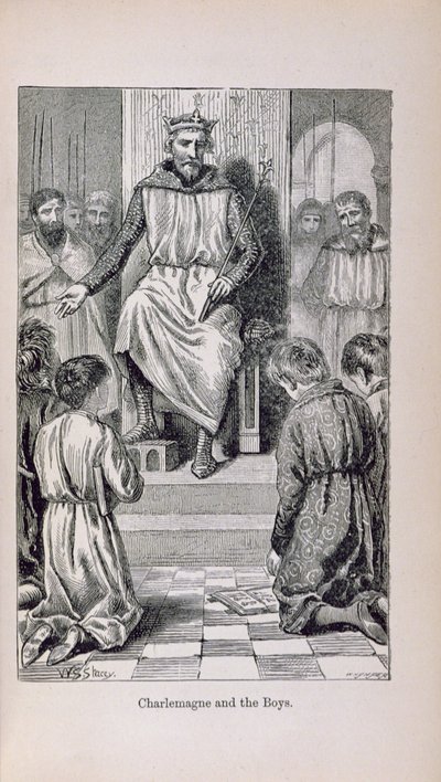 Karol Wielki (742-814) i chłopcy, ilustracja z "Historii Francji Małego Artura: Od najdawniejszych czasów do upadku Drugiego Cesarstwa" wydanej w 1899 r. autorstwa Lady M. Chalcott