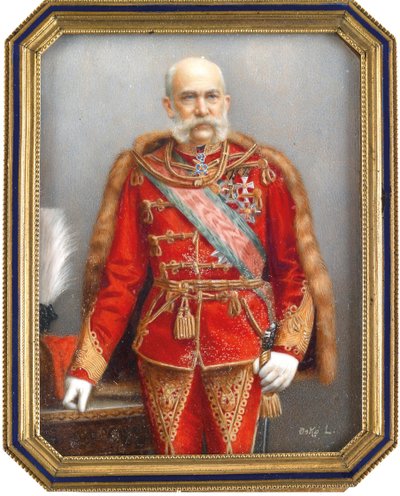 Portret Francois Joseph I Austria (1830-1916), w węgierskim mundurze. Praca Lajosa Osko (1865-1922), akwarela i gwasz na rogu. Sztuka węgierska, sztuka akademicka. Prywatna kolekcja. autorstwa Lajos Osko