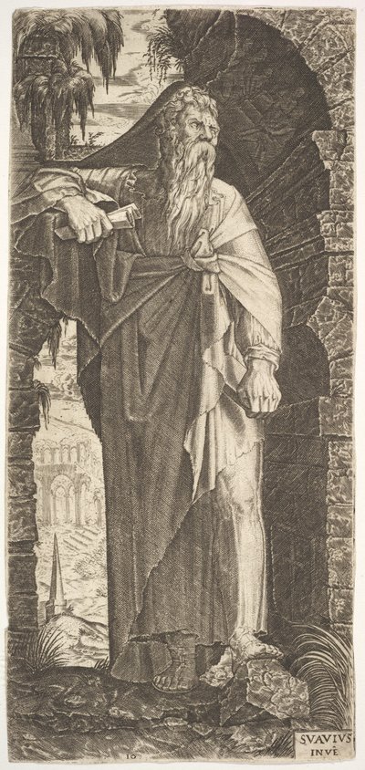 Św. Paweł stojący pod zarośniętym łukiem, z lewą nogą wspartą na skale, prawą ręką..., 1545. autorstwa Lambert Suavius