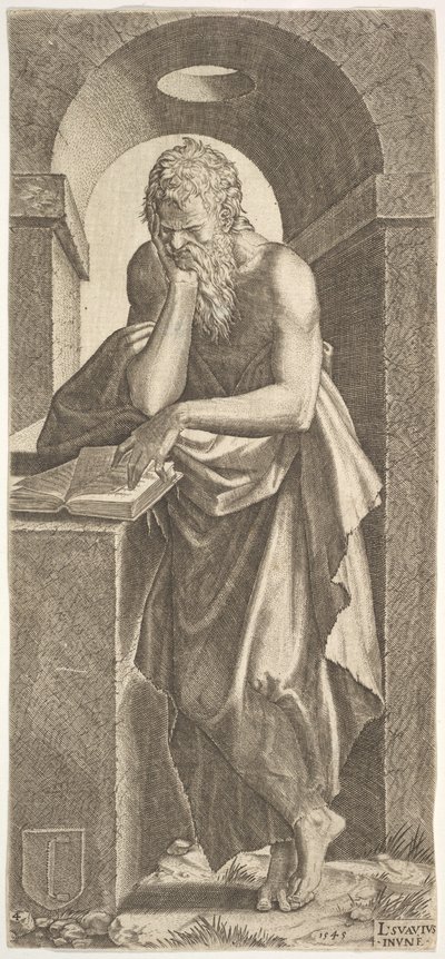 Św. Szymon stojący przed otwartą księgą z palcami lewej ręki przyciśniętymi do …, 1545. autorstwa Lambert Suavius