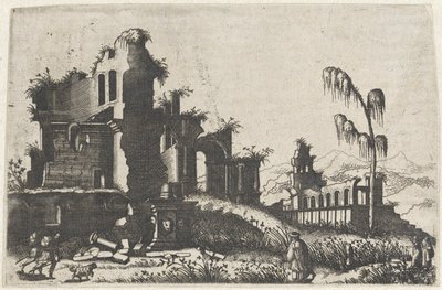 Landschap met bevröde ruïnes en traveller Rysunki ruin różnych manufaktur bardzo przydatne malarzom i innym tego typu artystom (tytuł serii) autorstwa Lambertus Suavius