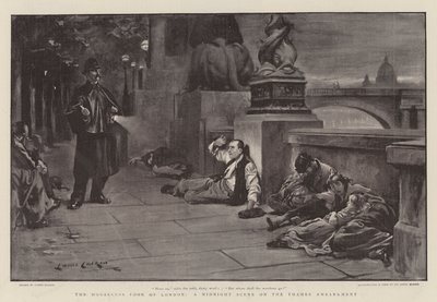 The Houseless Poor of London, scena o północy na nabrzeżu Tamizy autorstwa Lance Calkin