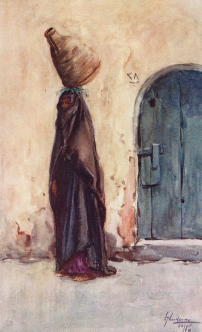 Ludzie Egiptu: Kobieta niosąca dzban z wodą, Fellaha Hamla el Belassi (kolorowa litografia) autorstwa Lance Thackeray