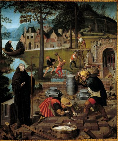 Legenda o św. Bertynie: opat Święty Bertin z Sithiu (610-709) kieruje budową klasztoru Sithiu w Saint Omer. Fragment panelu przypisywanego Lancelotowi Blondeelowi (1495-1561) ze skarbu św. Bertina. Muzeum Sztuk Pięknych, Dijon autorstwa Lancelot Blondeel
