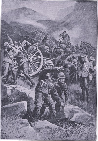 Pistolet przewrócony na zboczu wzgórza, z książki After Pretoria: The Guerilla War wydanej przez Harmsworth Bros Limited, 1901 autorstwa Lancelot Speed