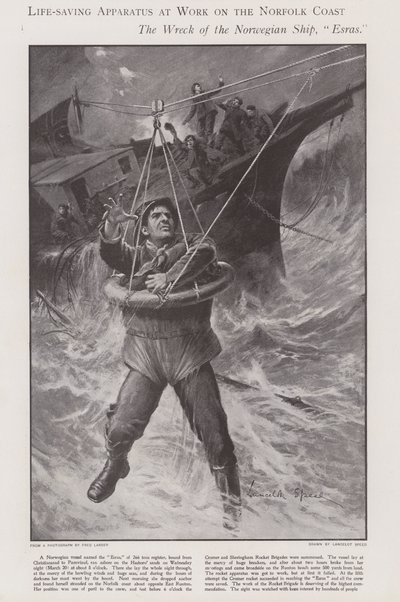 Aparatura ratunkowa w pracy na wybrzeżu Norfolk (litho) autorstwa Lancelot Speed