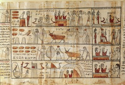 Sceny rolnicze, fragment z Księgi umarłych Cechonsa (papirus) autorstwa Late Period Egyptian