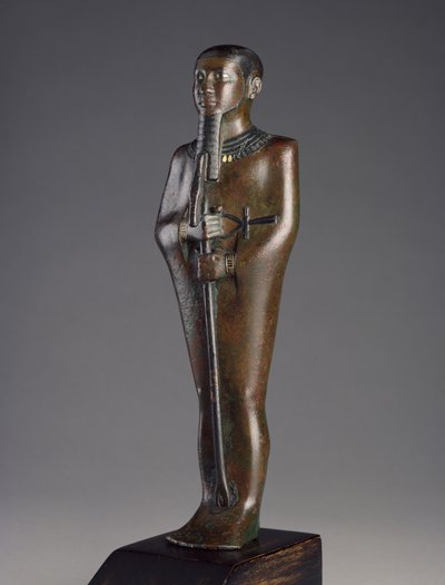 Statuetka boga Ptaha (brąz z czarnym pigmentem i inkrustacją srebrem i złotem) autorstwa Late Period Egyptian