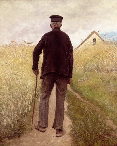 Stary człowiek spacerujący po polu żyta autorstwa Laurits Andersen Ring