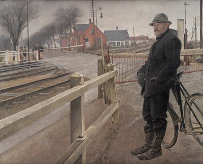 Czekam na pociąg. Przejazd kolejowy przy autostradzie Roskilde, 1914. autorstwa Laurits Andersen Ring