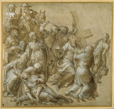 Chrystus niosący krzyż spotyka św. Weronikę (pióro i brązowy atrament z podwyższeniem) autorstwa Lavinia (attr. to) Fontana
